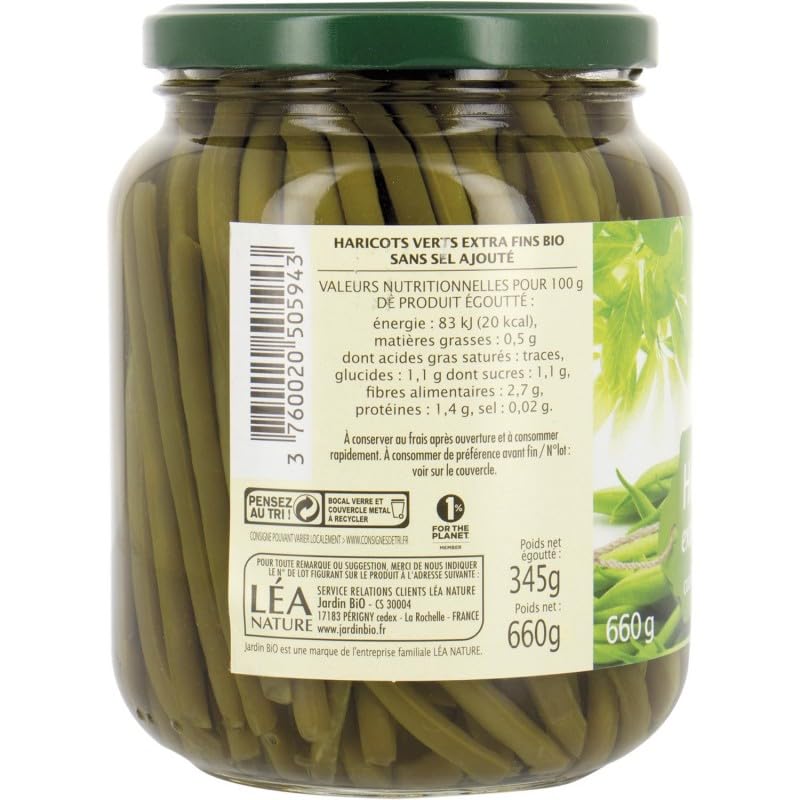 Jardin Bio Etic - Haricots Verts Bio Rangés à la Main Sans Sel Ajout - Bocal 345g pour Alimentation Saine et Naturelle. - Lot De 3 - Vendu Par Lot