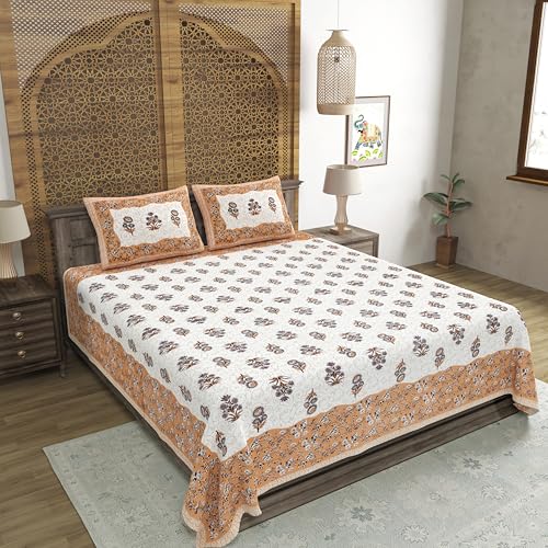 Image of BLOCKS OF INDIA Hand Block Printed 300 TC Cotton Super King Size Bedsheet(106 x 106) (GAD Brown)