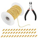 Mudder 65 ft Ball Necklace Chains, 2. 4mm Bead Link Dog Tag Chain Roll with 40 Ball Connectors and Plier for Necklace Hanging Ornament Key Chain Dog Pet Tags(Gold)