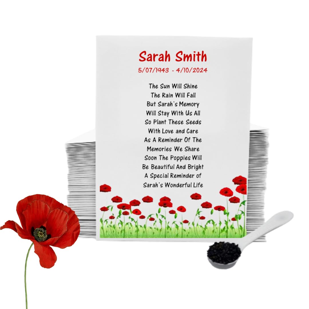 100 Personalised Funeral Poppy Seed Packets Poem | Funeral Favours for Guests to Grow Flowers | Funeral Decorations & Funeral Guest Gifts