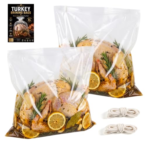 AIAKO Turkey Brine Bags 2 Pack, 26"×22" Extra Large Brining Bags for Turkey, Heavy Duty Turkey Brine Bag Holds Up to 35lb, Double Track Zipper Leakproof with 2 Strings & 2 Clips for Chicken Beef Pork