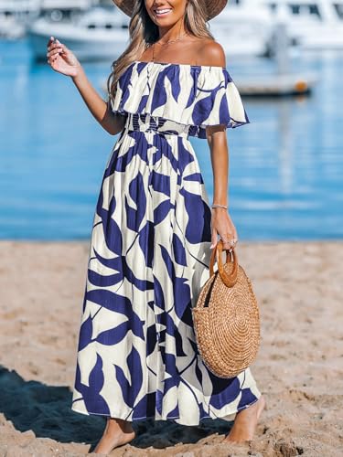 Image of CUPSHE Women Ruffle Floral Maxi Summer Dress Off Shoulder Short Sleeve Backless Flounce Bodice Slit Hem Beach Dresses