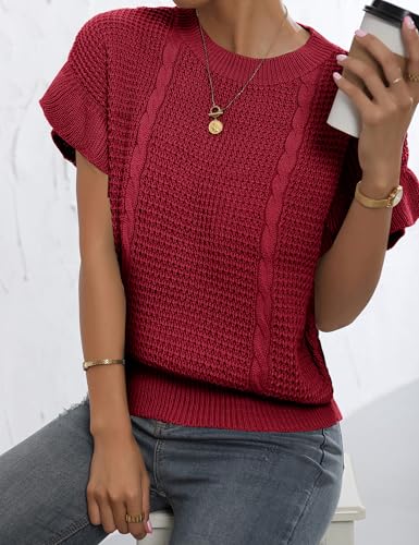 Image of Womens Short Sleeve Sweaters Ruffle Crewneck Pullover Sweater 2025 Casual Lightweight Summer Tops
