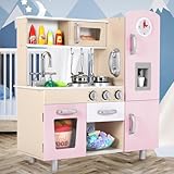 Clevich Puppenküche Holz, Kinderküche aus Holz, Spielzeugküche mit zubehör, inklusive Eismaschine, Telefon, Uhr, Backofen, Rollenspielküche für Kinder, Kinderspielzeug, Babyspielzeug Spielküche, Rosa