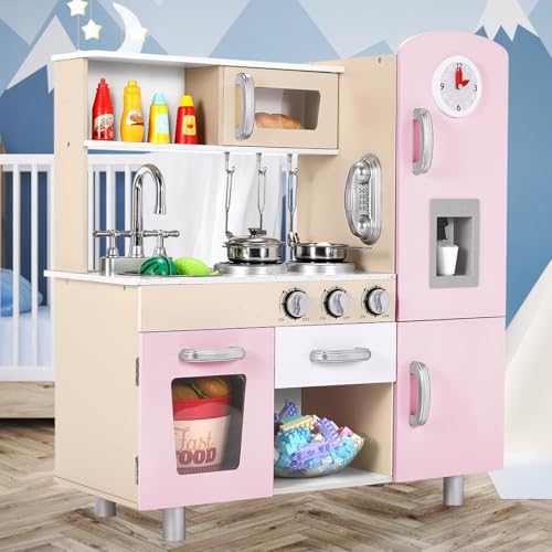 Clevich Cuisine Enfant en Bois, Jouet Cuisine Enfant, avec Machine à Glace, Téléphone, Horloge,...