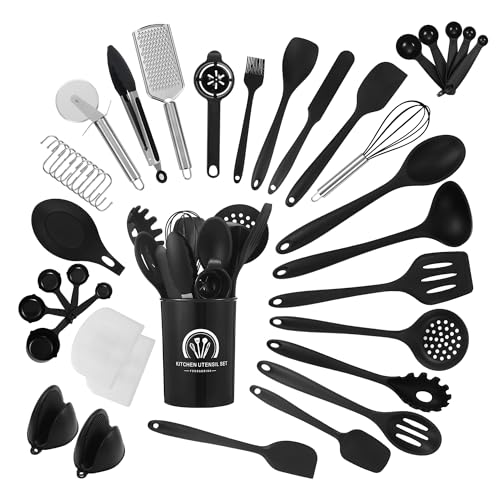 Küchenhelfer Set, 43 teiliges Küchenutensilien Set. Kochlöffel Set Silikon, Hochtemperaturbeständig und antihaftbeschichtet. Küchenutensilien Schwarz mit Vorratsbehälter S Haken, spülmaschinenfest