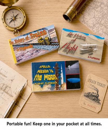 Image of Planes Trains Rockets Flipbook 3-Pack for Kids 6-12, Animation Flip Books | Flight, Trains & Apollo Moon Mission on Flip Book Paper, Educational STEM Flipbook Set for Boys & Girls, Animated Science