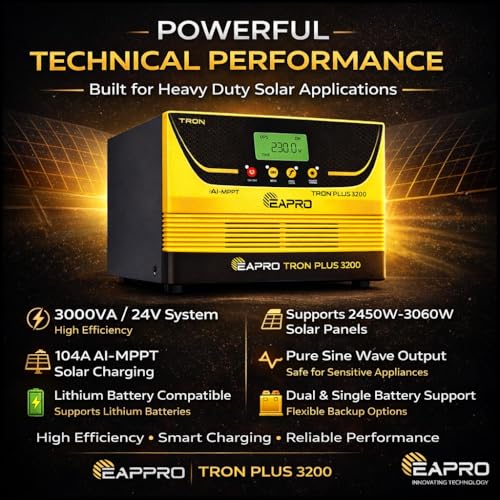 Image of EAPRO TRON 3200 3000VA 24V Solar PCU | Lithium Compatible | AI-MPPT | Dual & Single Battery | Supports 6 Panels (520-590Wp) | Pure Sine Wave | RTC Smart Charging | 3 Years Warranty