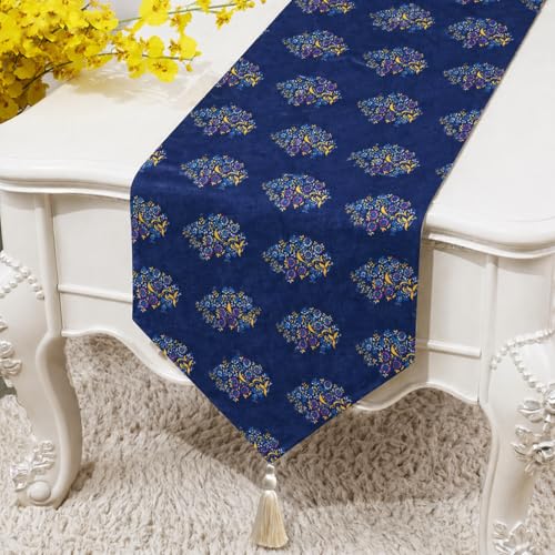Image of COZY FURNISH Floral Printed Microfiber Cotton Table Runner for 6 Seater Dining Table & Runner with Tassels - 13x72 Inches Decorative Home Kitchen Table Linen