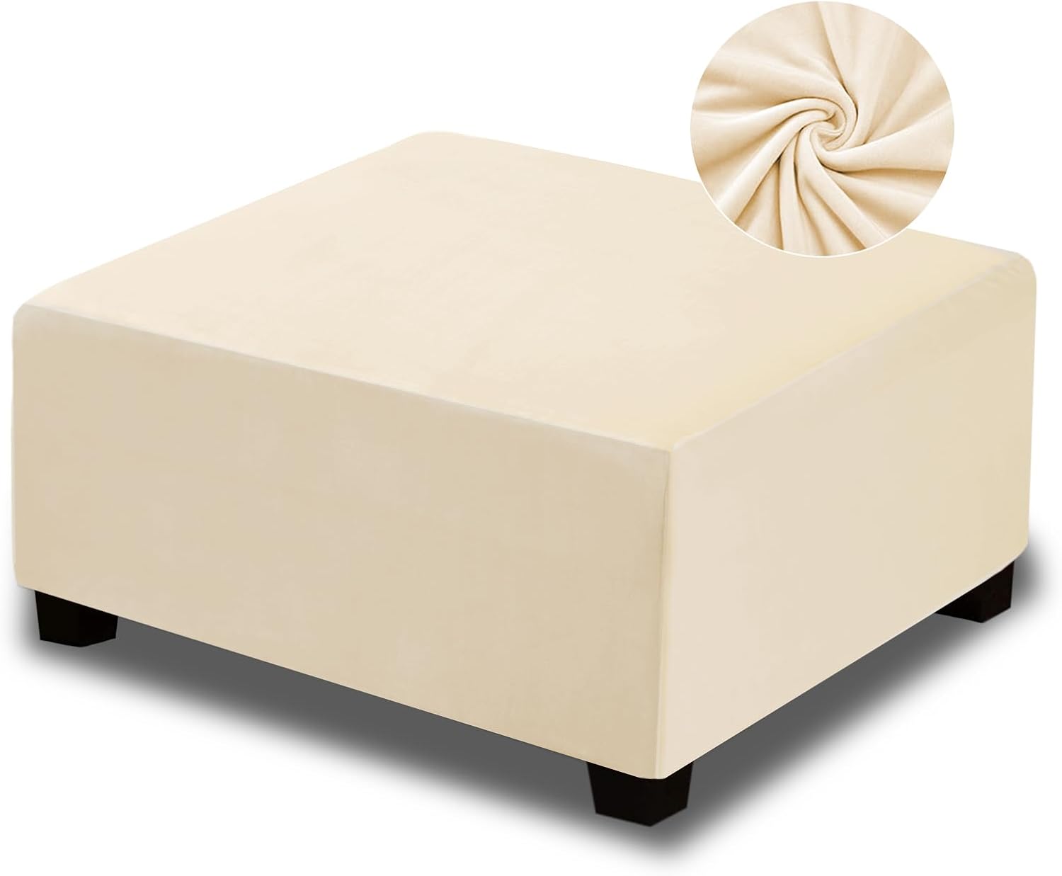 NeColorLife Velvet Ottoman Cover Square, Stretchable Footrest Stool Slipcover with Elastic Band for Rectangle and Square Storage Ottoman (Large, Cream (with Warm Undertones)) L Length: 35"-45",Width: 31"-43" Cream