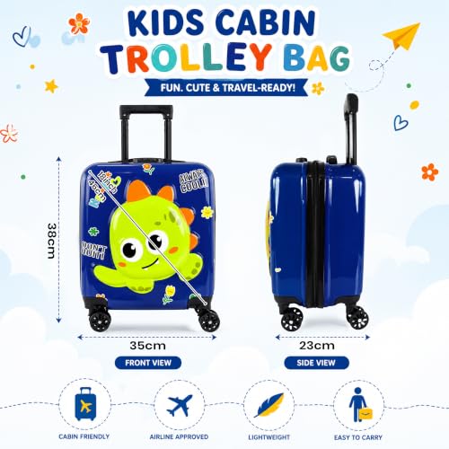 Image of Storite 18In Kids Luggage Trolley Hard Shell Cabin Suitcase | Cartoon Dinosaur Design Suitcase Ideal For School Trips Vacations Holidays And Weekend Travel (Navy Blue - 35 x 23 x 38 Cm)