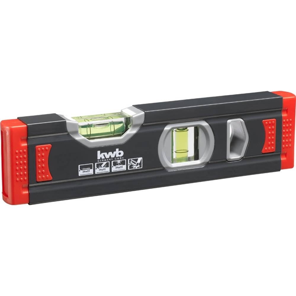 KWB 1 MM MINI ALUMINIUM-WASSERWAAGE 20 CM: SECURED BUBBLE, PRECISION GROUND, HORIZONTAL AND VERTICAL BUBBLE, RUBBER PROTECTION, BLACK/RED