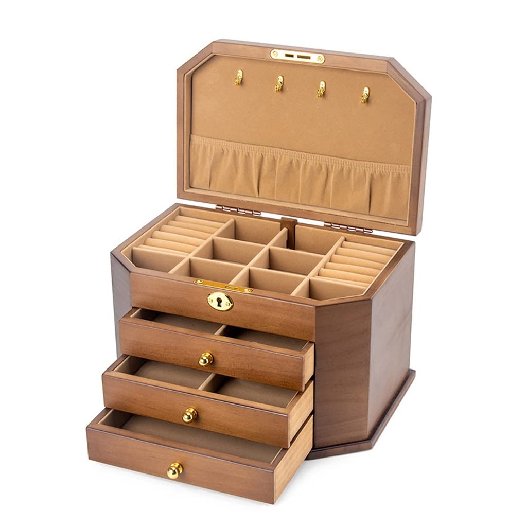 Lshtshf-ou Jewelry Box Solid Wood Storage With Lock Earrings Necklace Large Capacity Simple Retro Wooden Organizer(Large)