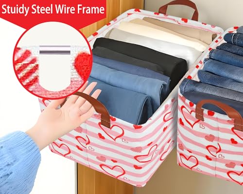 Image of Large Valentine's Day Basket Heart Shaped Storage Bin for Gifts Collapsible Organizer Room Decor (Pink Horizontal Bar Love)
