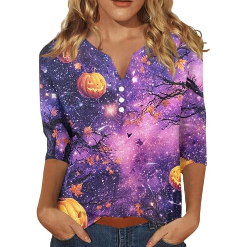 Damen Halloween Print Shirt Mit V Ausschnitt Zierknopfleiste 3/4 Arm