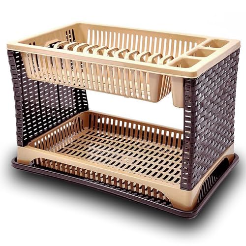 New 2 Tier Dish Drying Rack Large Capacity Classic and Rattan Style Kitchen Dish Drainer Rack With Utensil Organizer Rust Proof With Plate Cutlery Cup Holder Trays Washing Up Sink (Rattan Brown)