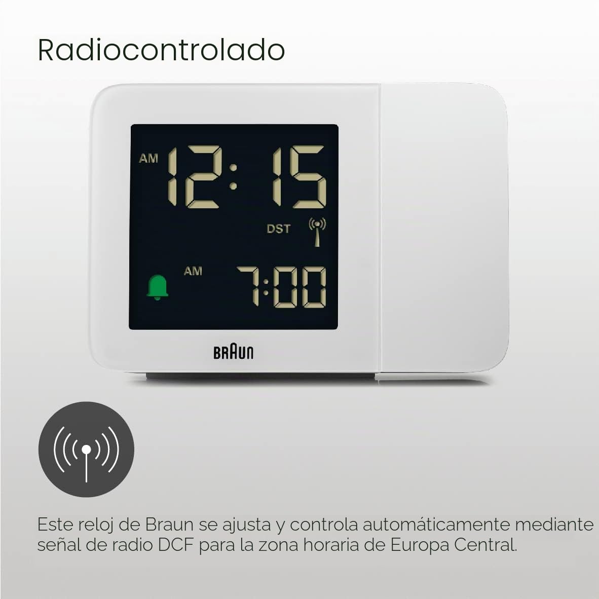 Braun Reloj Despertador Digital con radiocontrol Huso horario de Europa Central (DCF) con 4 Opciones de retroiluminación, Pantalla LCD Negativa, Ajuste rápido, Blanco, Modelo BC15W-DCF