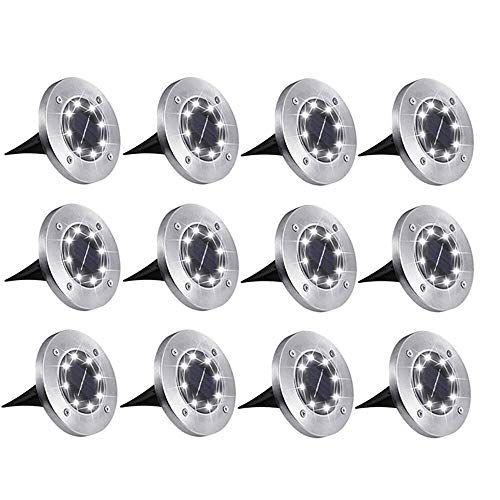 Solar Ground Lights,8 LED Solar Disk Lights Solar Powered In-Ground Lights Outdoor Waterproof for Garden,Patio,Lawn,Pathway,Step Decks- White Lights（12 Pack)