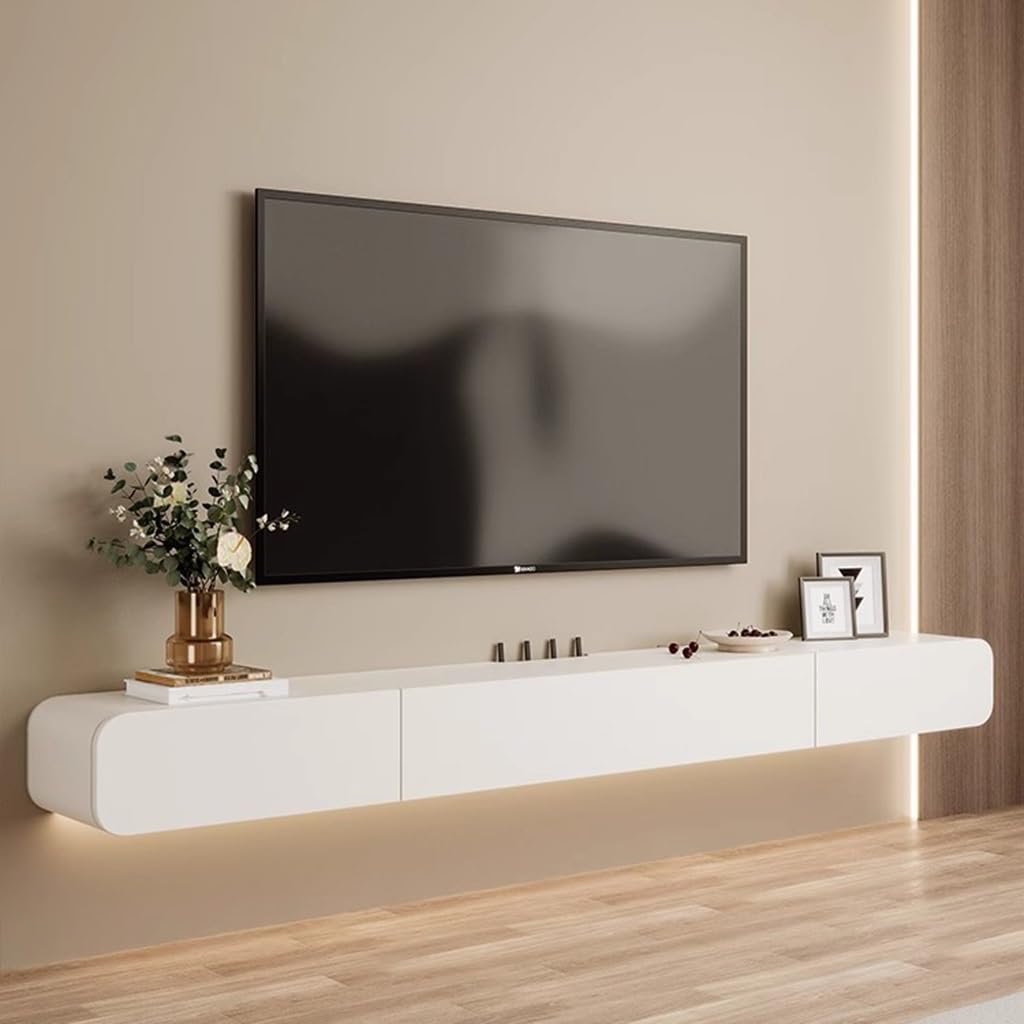 Mobile TV sospeso moderno bianco da parete, 120 cm, grande unità di archiviazione per soggiorno, panca TV con porta disponibile in 3 misure