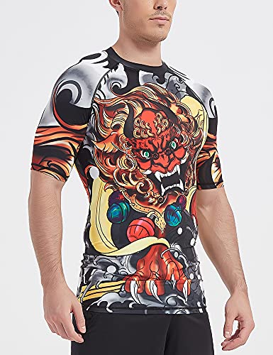 Lafroi Men's Short Sleeve Upf 50+ Baselayer Performance Compression Shirt Rash Guard-Cly08 Lion Dance Size Xl #TOP3