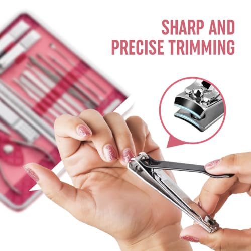 Image of Gleva 18 Pieces Stainless Steel Manicure Kit, Nail Cutter Set, Manicure Pedicure Kit, Manicure Set, Personal Care Nail Clipper Kit, Nail Kit, Nail Tools with Leather Travel Case For Men & Women (Dark Pink)