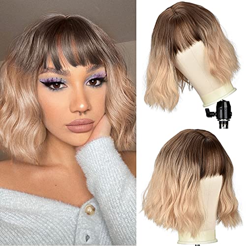 Choppy Blonde Ombre Bob Wig LONAI 14" Short Wavy Bob with Mini Bangs Shoulder Length Synthetic Wig for Women