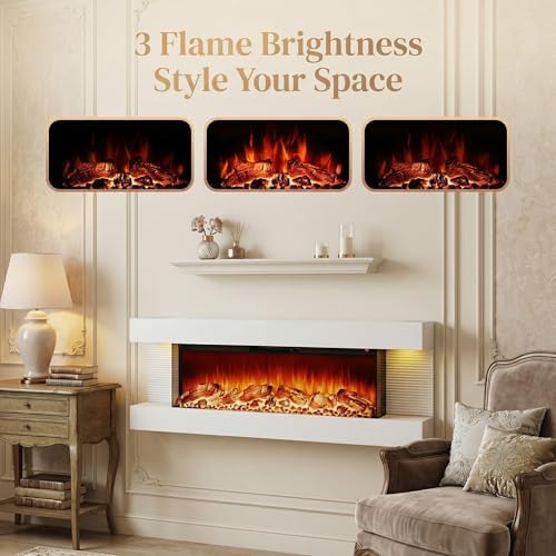 3-Sided Wall Mount Electric Fireplace, 60" Fireplace with LED Side Lights, 12 Color Flame Effect, Timer, 1500/750 Watt Heater, White - Thumbnail 3
