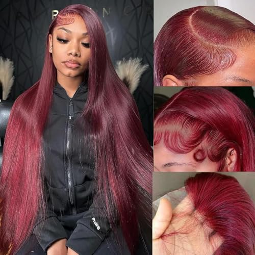 Image of tobasew 28 Inch 99J Burgundy Lace Front Wigs Human Hair 200 Density 13x6 Straight Lace Frontal Wigs Human Hair Red Wig Wine Red Lace Front Wigs Pre Plucked Glueless