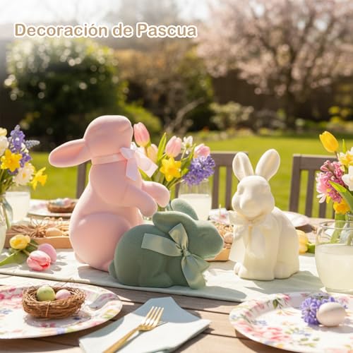 Miniatura 6 de Lanpn Set De 3 Conejos De Pascua Flocados Multi-Posición, Figuras De Conejo Para Decoración De Mesa, Estantería Y Hogar Decoración Primaveral Rosa, Beige, Verde
