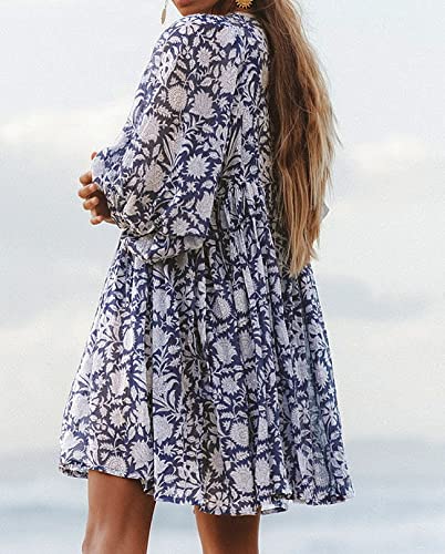 Image of Boho Dresses for Women Floral V Neck Puff SLVS Babydoll Short Beach Dress