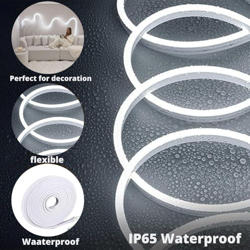 Image of 16.4 Feet LED Neon Strip Lights, with 12V Adapter, Waterproof IP65, Silicone Flexible Rope Light for Home Decor | Led Strip Lights | Neon Lights | 5 Meter | (White)