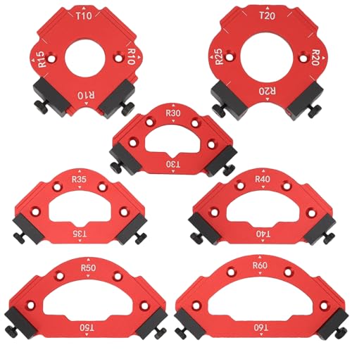 Lot de 7 Gabarit Defonceuse a Bois D'angle avec Clip Amovible en Alliage D'aluminium pour Le Travail Du Bois Outil Auxiliaire de Coupe à L'arc R10 R15 R20 R25 R30 R35...