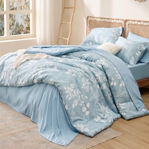 Bedsure Sky Blue Twin Comforter Set - 5 Pieces Floral Bedding Sets, Twin Bed in a Bag with Reversible Botanical Flowers Comforter, Sheets, Pillowcase & Sham