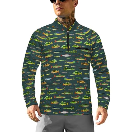 Men's Long Sleeve 1/4 Zip Shirts Fish Sun Protection Outdoor Running T-Shirts Lightweight UV Protection Fishing Shirt XL