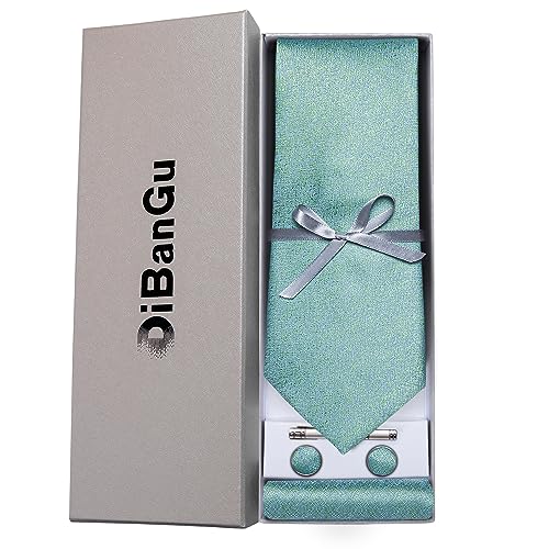 Image of DiBanGu Mens Silk Necktie Solid Color Tie and Pocket Square Cufflink Tie Clip Set Woven Plain Ties for Men Wedding Party