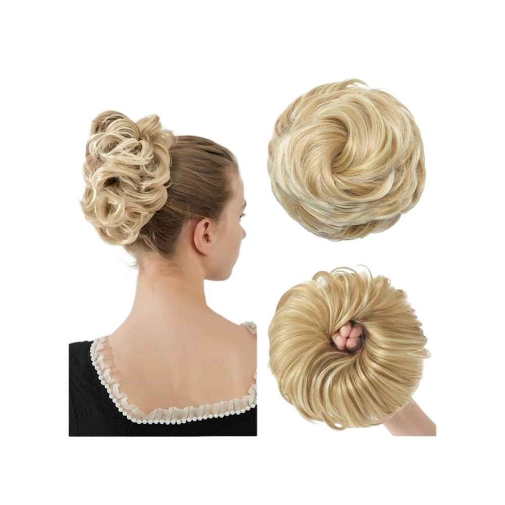 QRSTUVXZY Messy Bun Hair Piece Curly Synthetic Extensions Scrunchies Fake Chignon Updo Hairpieces for Women(Beige Blonde Highlights)