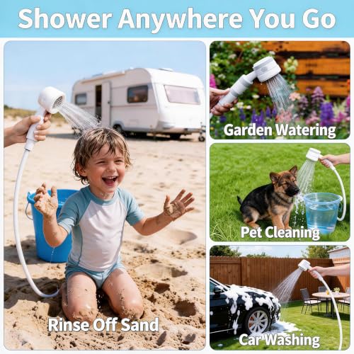 Bomba de ducha portátil para camping - cabezal de ducha recargable para exteriores, bomba de agua desde cubeta, ideal para camping, senderismo, viaje, lavado de autos y limpieza de mascotas miniatura 4