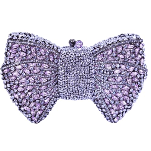 Image of Handmade Inlay Rhinestone Bow Clutch Bag for Women, Sparkling Evening Party Wedding Purse with Detachable Pearl Chain