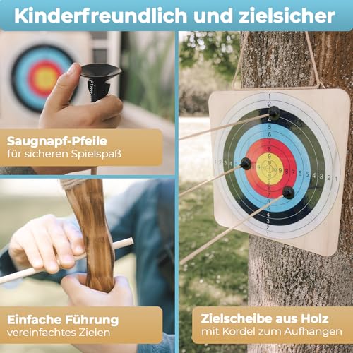 BOWRILLA® Pfeil und Bogen Kinder Set mit 6 Saugnapf-Pfeilen, Zielscheibe aus Holz und Köcher | Bogenschießen Kinder Spielzeug für Indoor- und Outdoor Spiele ab 4 Jahren | Für Rechts- und Linkshänder