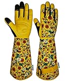 MSUPSAV Thorn Proof Gardening Garden Gloves for Women,Rose Pruning Druable Canvas Long Gauntlet Glove,Birthday Gifts,Tools(Medium, Sunflower)