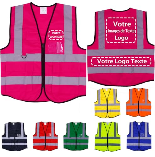 Lyhacjp Gilet Jaune Personnalisable Avec Logo, Haute Visibilité, de Sécurité Avec Poche, Fluorescent, Pour Voiture, Rose