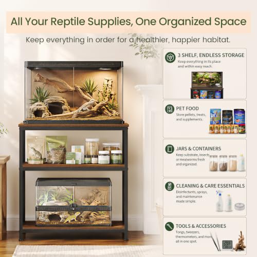 Image of Snughome Reptile Tank Stand with Charging Station, 31 inch x 15 inch Terrarium Stand with 3-Tier Open Storage Shelves, Reptile Enclosure Stand, Heavy Duty Vivarium Table for Gecko, Lizard, Bearded Dragon and Small Reptiles