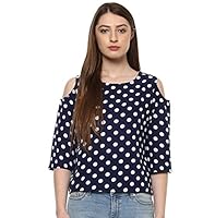 Indietoga Women's Plus Size Blue Polka Dots Cold Shoulder Crepe Tops (6XL)