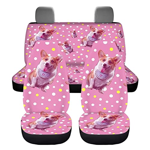 Image of Modysero Yellow Polka Dots Corgi Print Pink Car Set Cover Full Set Durable Soft Front Rear Bench Seat Cover Set for Women Elastic Breathable Automotive Seat Protector Universal Fit All Cars Trucks