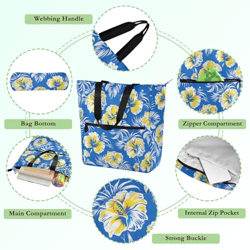 Blue Hibiscus Palm Leaves Tote Bag for Book Lovers Reusable Bags with Zipper Pocket for School Work Shopping3