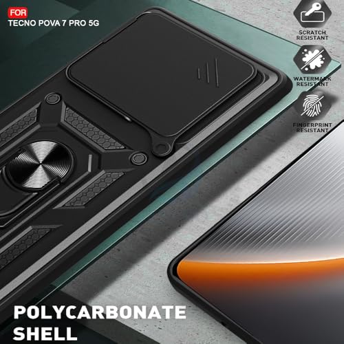 Image of AESTMO Tough Armor Tecno Pova 7 Pro 5G Bumper Back Case Cover | Ring Holder & Sliding Camera Shield Cover | 360 Degree Protection Back Case Cover for Tecno Pova 7 Pro 5G (Black)