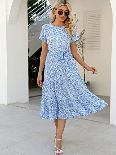 Lyrur Summer Dress Women Short Sleeve Belted Tiered Midi Babydoll Casual Summer Cotton Sundress With Pockets(L,9191-Blu Daisy) #TOP2