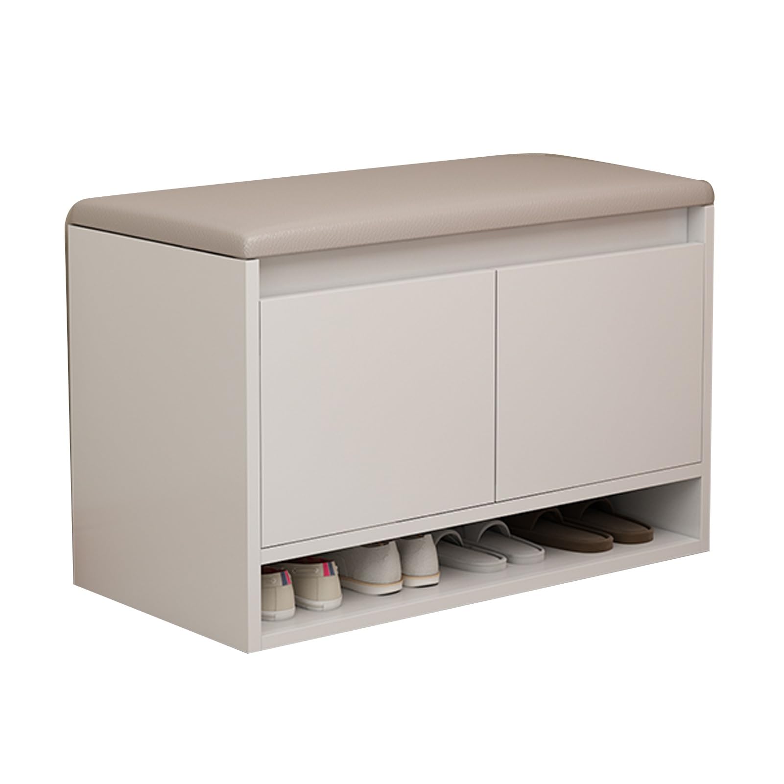 Banc à chaussures en bois blanc et cuir élégant pour un couloir raffiné