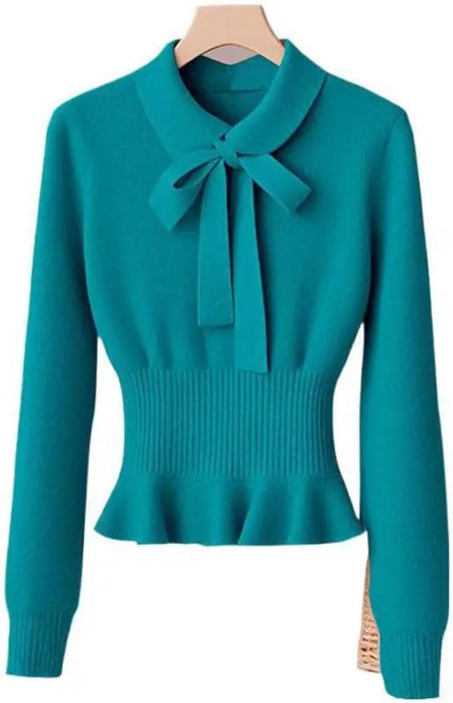 Women's Elegant Long Sleeve Knitted Sweater Waist Cinched Fashionable Pullover Sweater