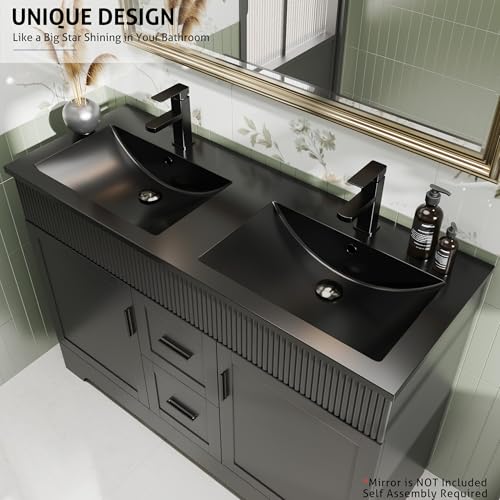 Image of eclife 48 inch Bathroom Vanities Sink Combo with Painted Surface, Modern Drawered Cabinet W /Decorative Wave Lines, Undermount Double Black Sink, Matte Black Faucet Drain, Black
